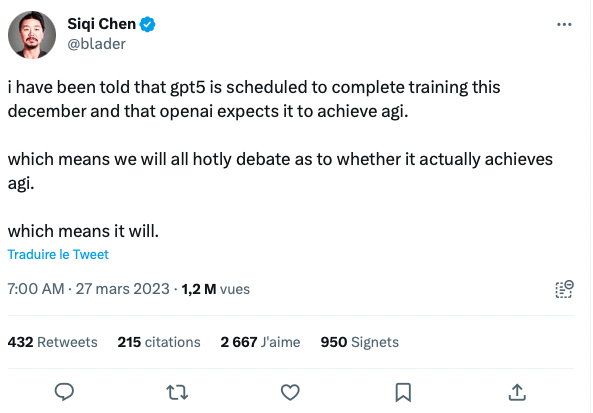 Tweet informant que GPT-5 serait l'intelligence artificielle égale à l'homme