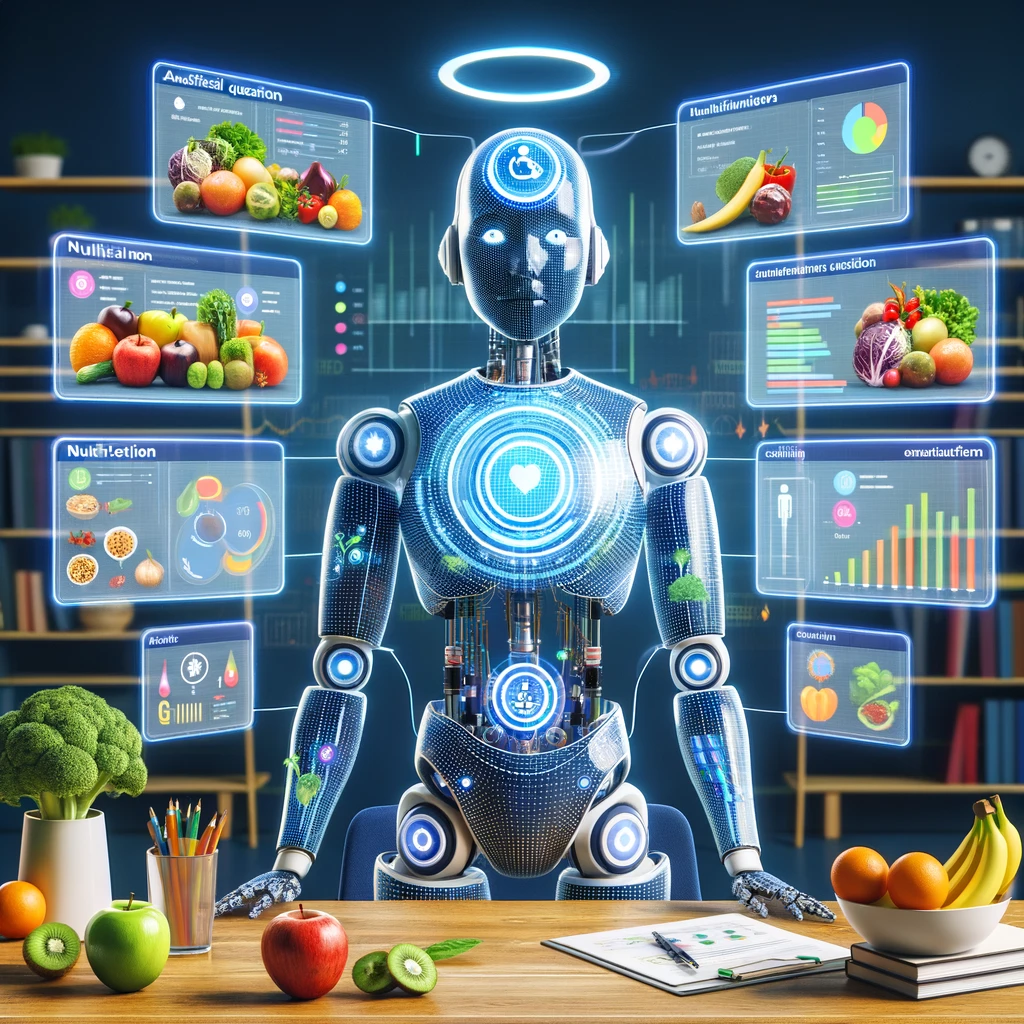 Robot intégrant IA et technologie numérique pour répondre aux questions de nutrition.