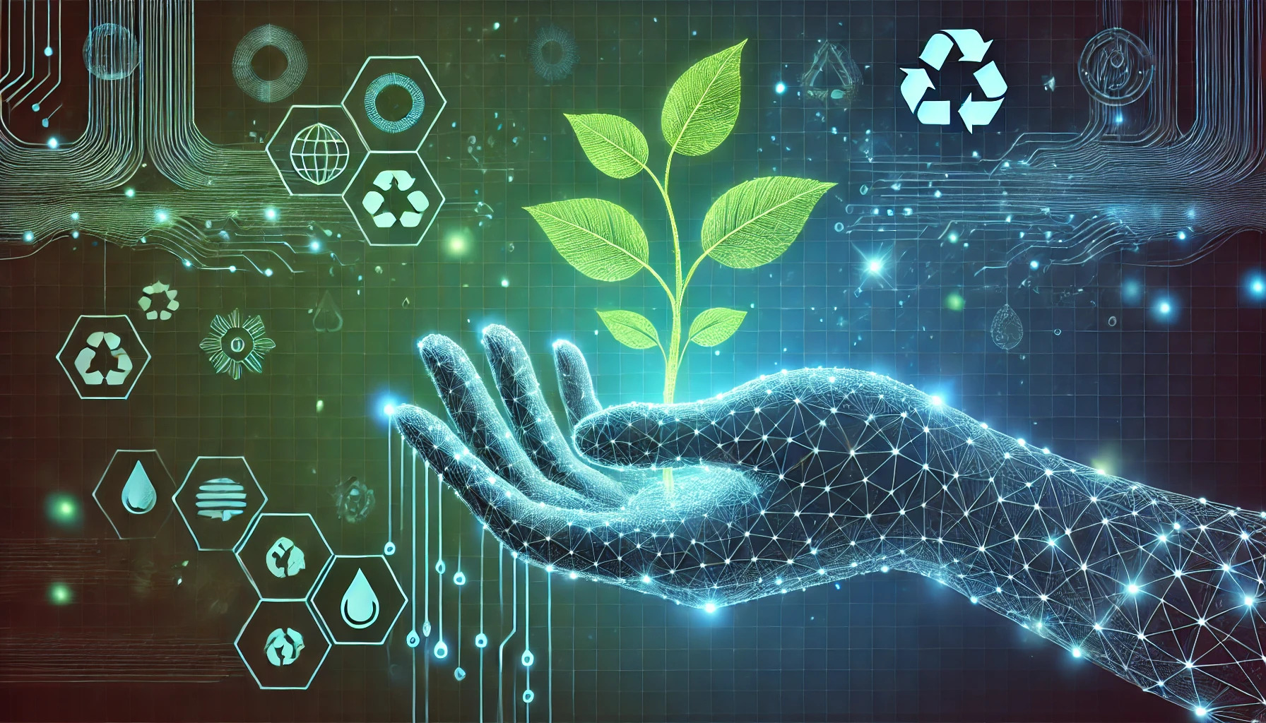Main numérique tenant une pousse verte avec des icônes de durabilité et de recyclage, symbolisant l'écoconception web