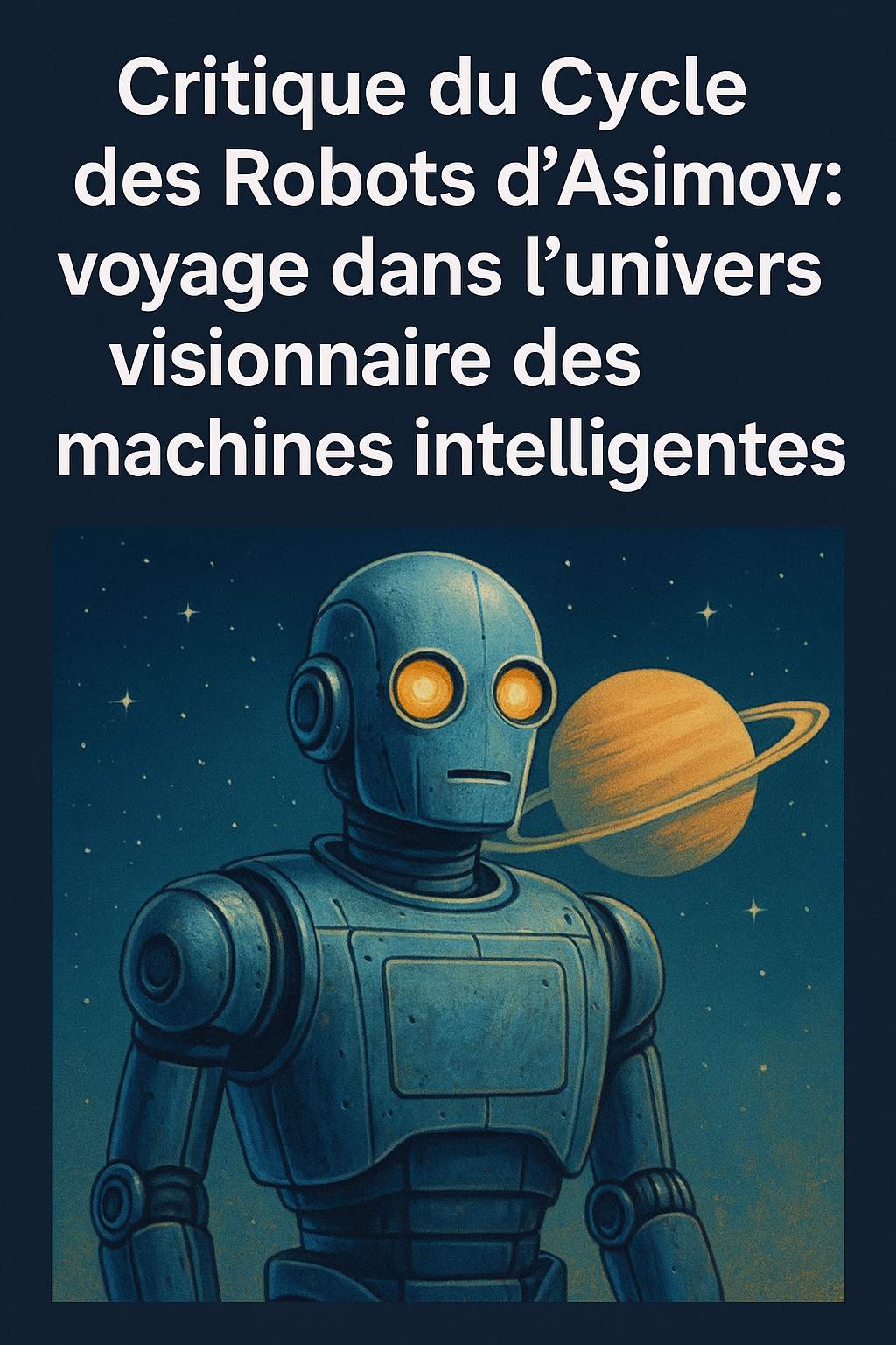 Illustration d’un robot humanoïde aux yeux lumineux sur fond spatial rétro-futuriste, accompagnée du titre en français "Critique du Cycle des Robots d’Asimov"